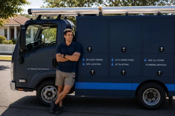 Plumber standing beside a service van in Bossley Park
