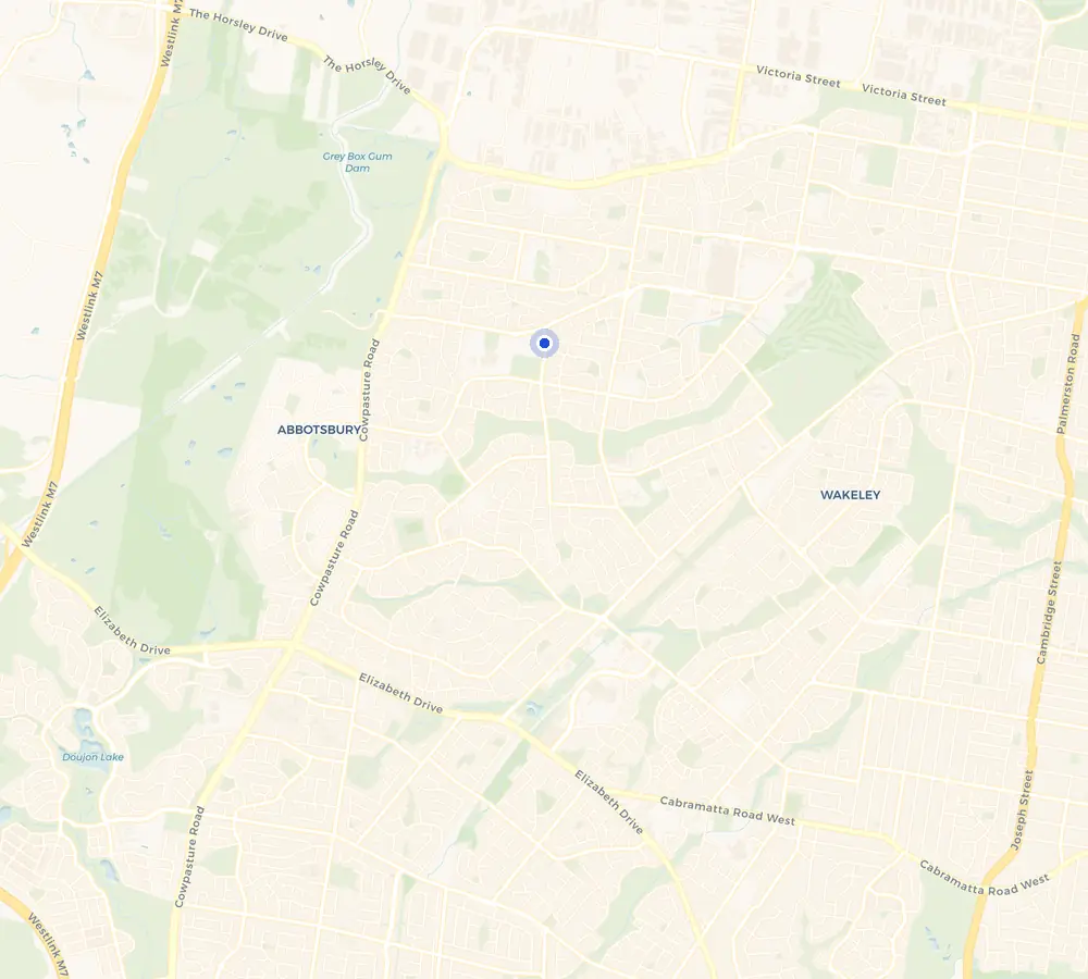 Map of the Bossley Park service area and the surrounding Greater West, showing Bossley Park and the nearby streets we cover.