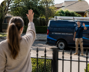 Customer waving goodbye to a Bossley Park Blocked Drains plumber